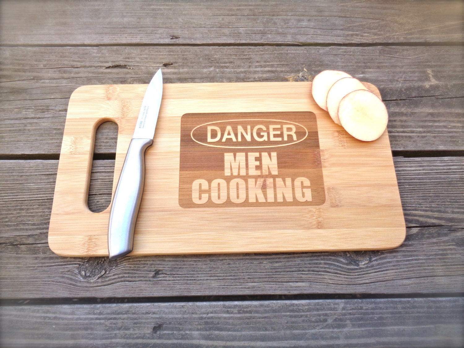 DANGER MEN COOKING Funny Engraved Cutting Board 14 X 7.5 Gift