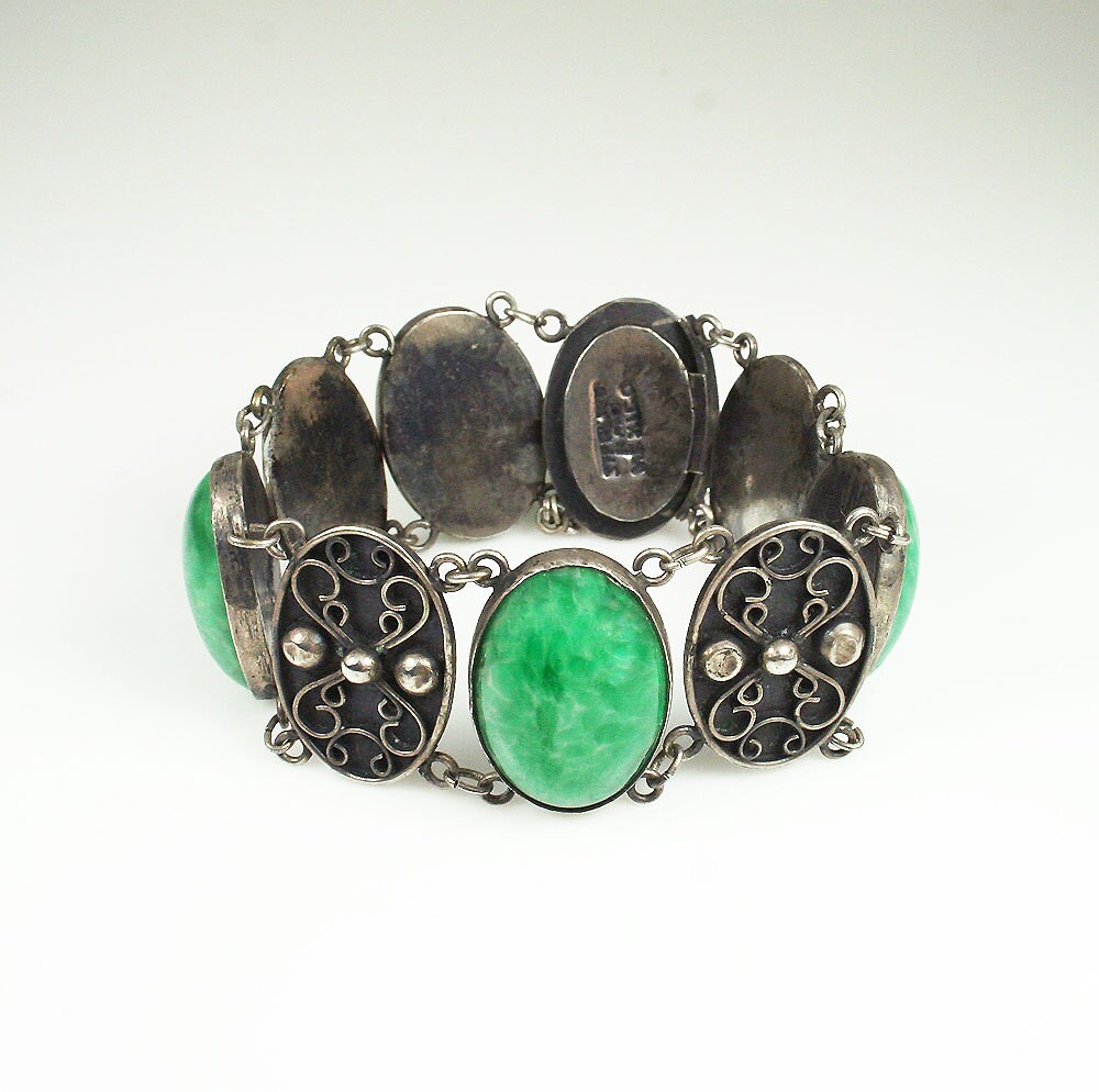 Vintage Bracelet Mexican Sterling Silver Jade Glass Chunky