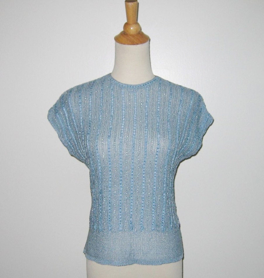 Vintage Lurex blouse S Design Size Knit ribbon with  Silver  & â€“ design Ribbon Blouse  Blue With