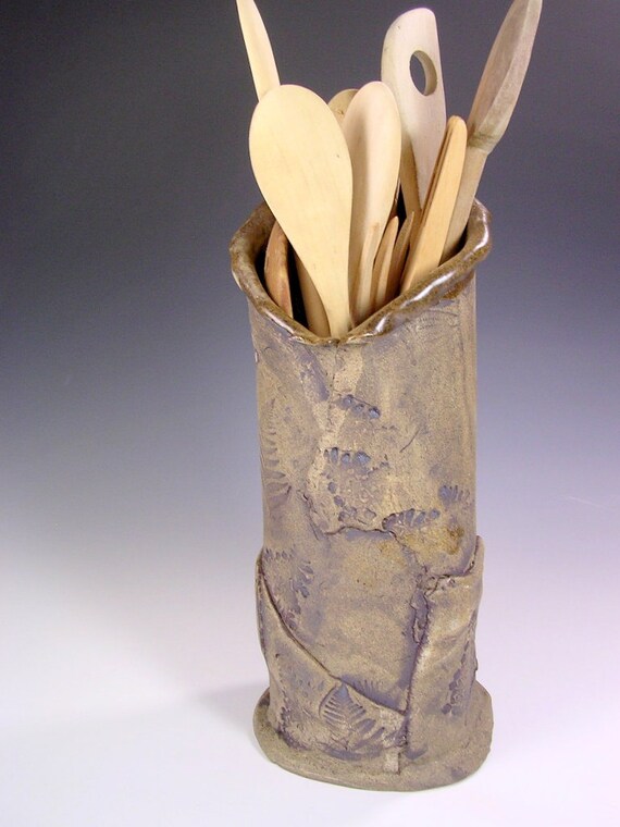 Tall stoneware vase or utensil holder hand by WillowTreePottery