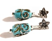 Turquoise & Silver Glass bead earrings Artisan Lampwork glass turquoise blue with silver swirls sterling beads flower posts
