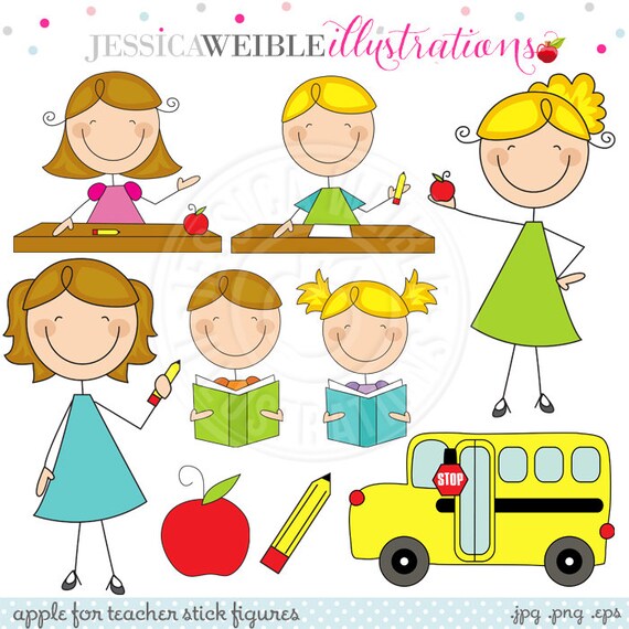 Apple for Teacher Stick Figures Cute Digital Clipart for Card Design, Scrapbooking, and Web Design Il_570xn