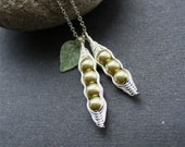 Pea Pod necklace, green peas, two pods, three peas in a pod, four peas in a pod, gift, everyday jewelry, sterling silver chian available
