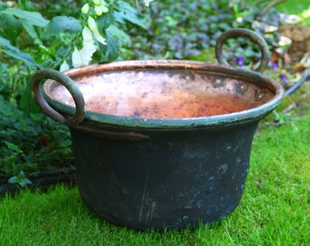 Large Copper Cauldren Wrought Iron Handles ~ 19th Century Apple Butter Pot ~ Hammered