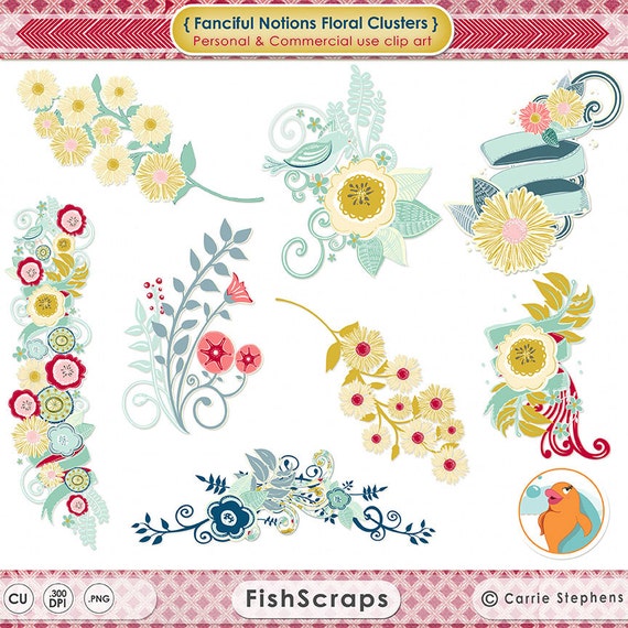 50% Sale - Floral Clip Art Clusters - Fanciful Notions - Flower Images - Digital Graphics - Design Elements - - Commercial Il_570xn