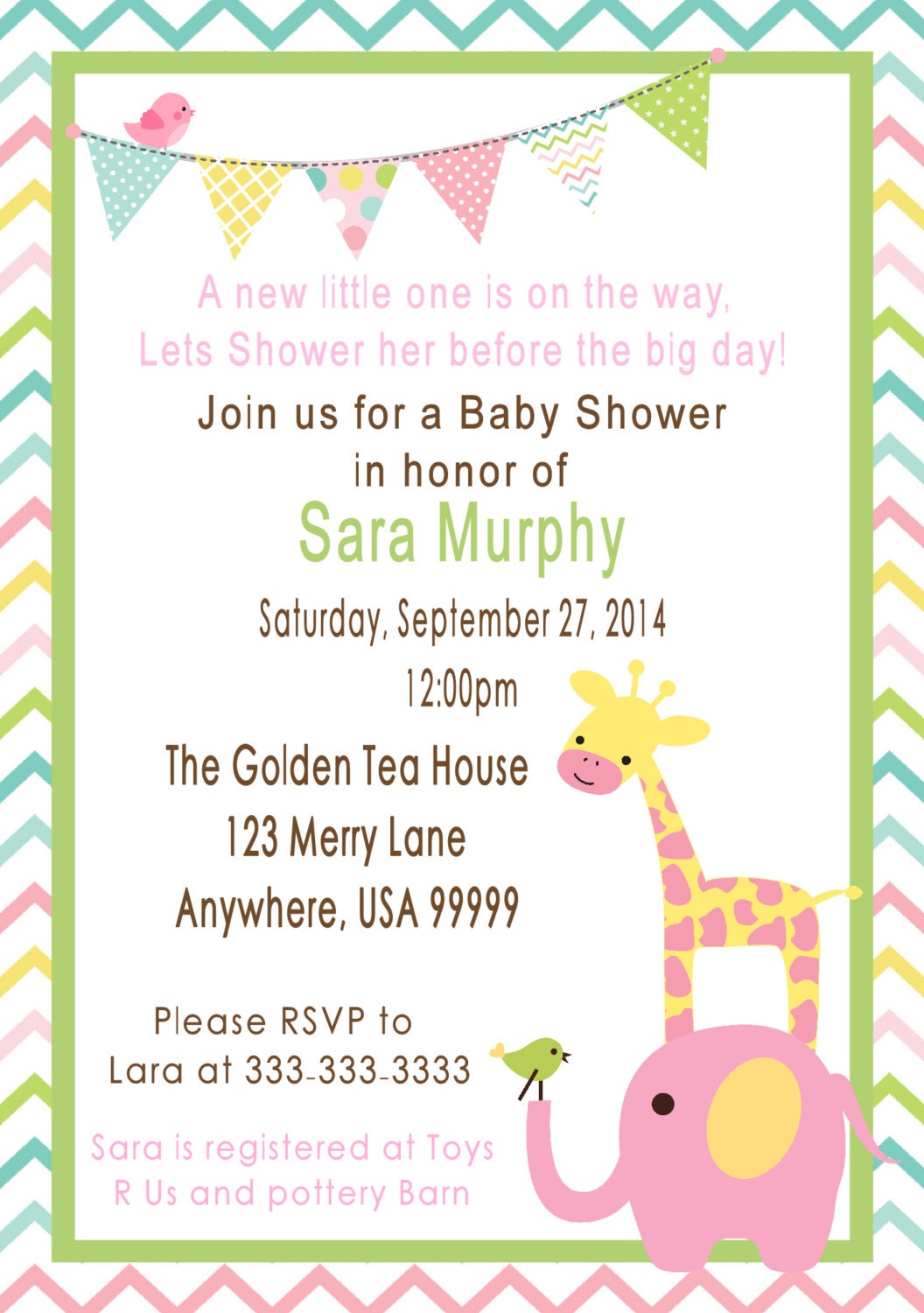 Elephant and Giraffe Baby Shower Invitation Birthday Party