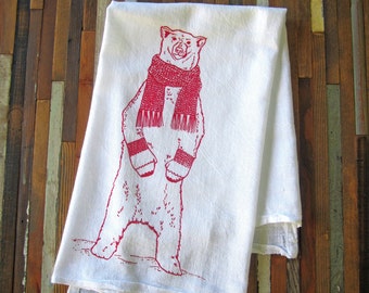 Christmas Tea Towel - Screen Printed Flour Sack Towel - Soft and Absorbent Kitchen Towel - Polar Bear - Merry Christmas Decor