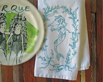 Cloth Napkins - Eco Friendly Dinner Napkins - Screen Printed Cloth Napkins - Reusable Cotton Cloth Napkins - Mermaid - Seaweed - Nautical