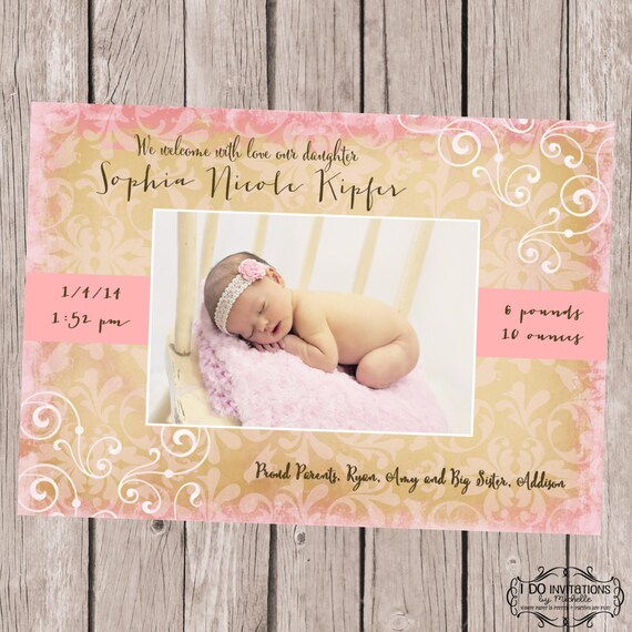 Baby Girl Birth Announcement - Vintage/Damask - Digital File Il_570xn