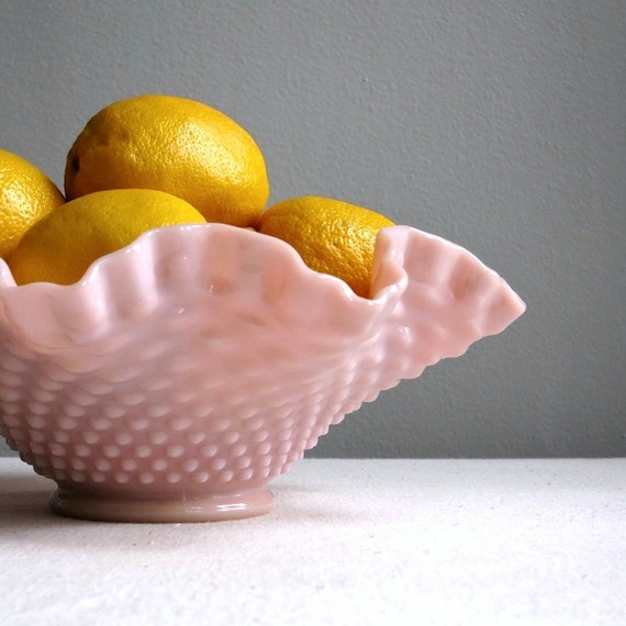 Pink Milk Glass Bowl by Fenton with Hobnail Pattern 1950s