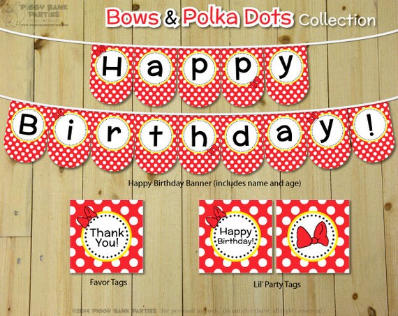 Bows & Polka Dots Collection - Red and Yellow : DIY Printable Minnie Mouse Inspired Birthday Party Decoration | Minnie Birthday Banner Il_570xn
