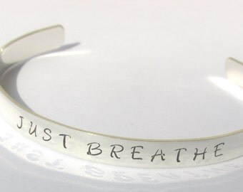 Just Breathe, Sterling Silver Cuff Bracelet, Yoga Cuff Bracelet, Yoga Jewelry, Hand Stamped Bracelet, Motivational Bracelet,