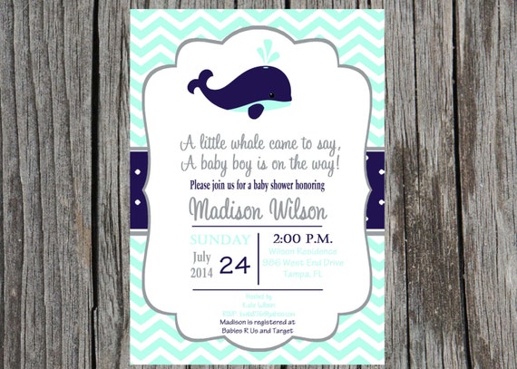 Items similar to Whale Baby Shower Invitation, nautical baby boy baby ...