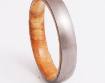 Mens Wedding Band with olive wood and Titanium Ring comfort fit