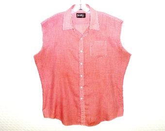 Sportswear by Sears XL Tall Size Checkered Gingham Red and White Men's Button Down Cut-Off Sleeves Tank Top Shirt