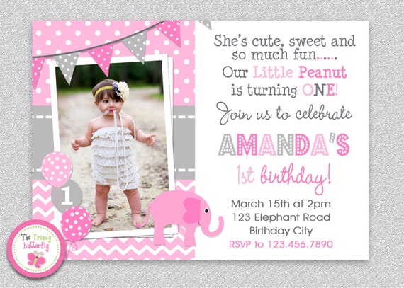 Elephant Birthday Invitation Elephant 1st Birthday Party Pink