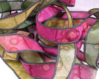 Hand Dyed Silk Ribbons Jewelry - Ribbon bracelet pendant Wrist wrap - Quintessence - Watermelon Sparkle