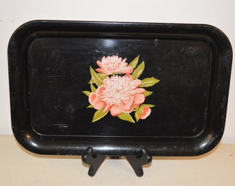 SALE Vintage Metal Serving Tray - Black with Pink Flowers