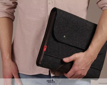 laptop case, macbook 13 inch case, wool felt, leather Corriedale SIZE M CO-M-ADB