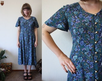 Vintage 90s Blue & Purple Floral Maxi Summer Dress / S
