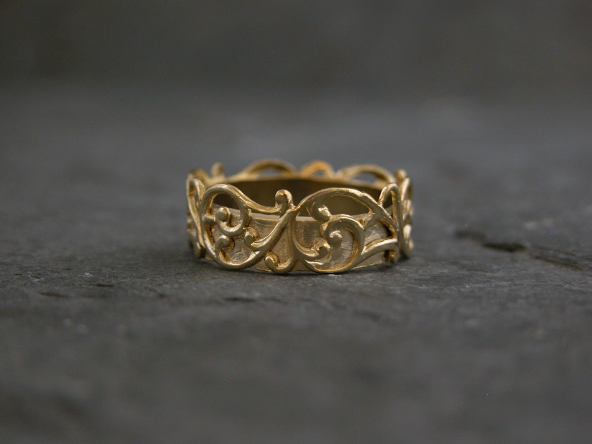 Gold Wedding Band Filigree Lace Gold Wedding Ring Unqiue