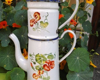 SALE Enameled French COFFEE POT white & Nasturzium flowers Airbrushed