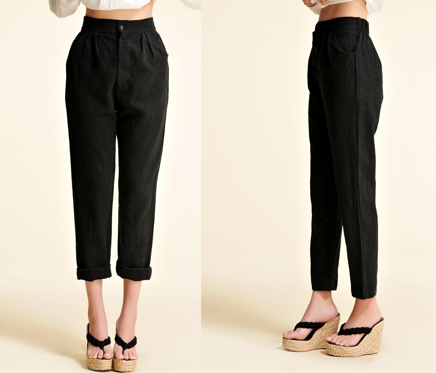 Narrow Ankle Women's Linen Pants with Elastic Waist / Easy