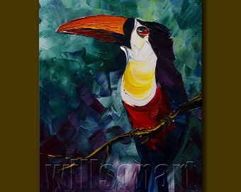 Modern Animal Painting Toucan Oil Painting Textured Palette Knife Contemporary Original Art 12X16 by Willson Lau