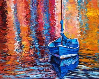 Blue Boat 26x20in, Landscape Painting Original Art Impressionistic OIl on Canvas by Ivailo Nikolov