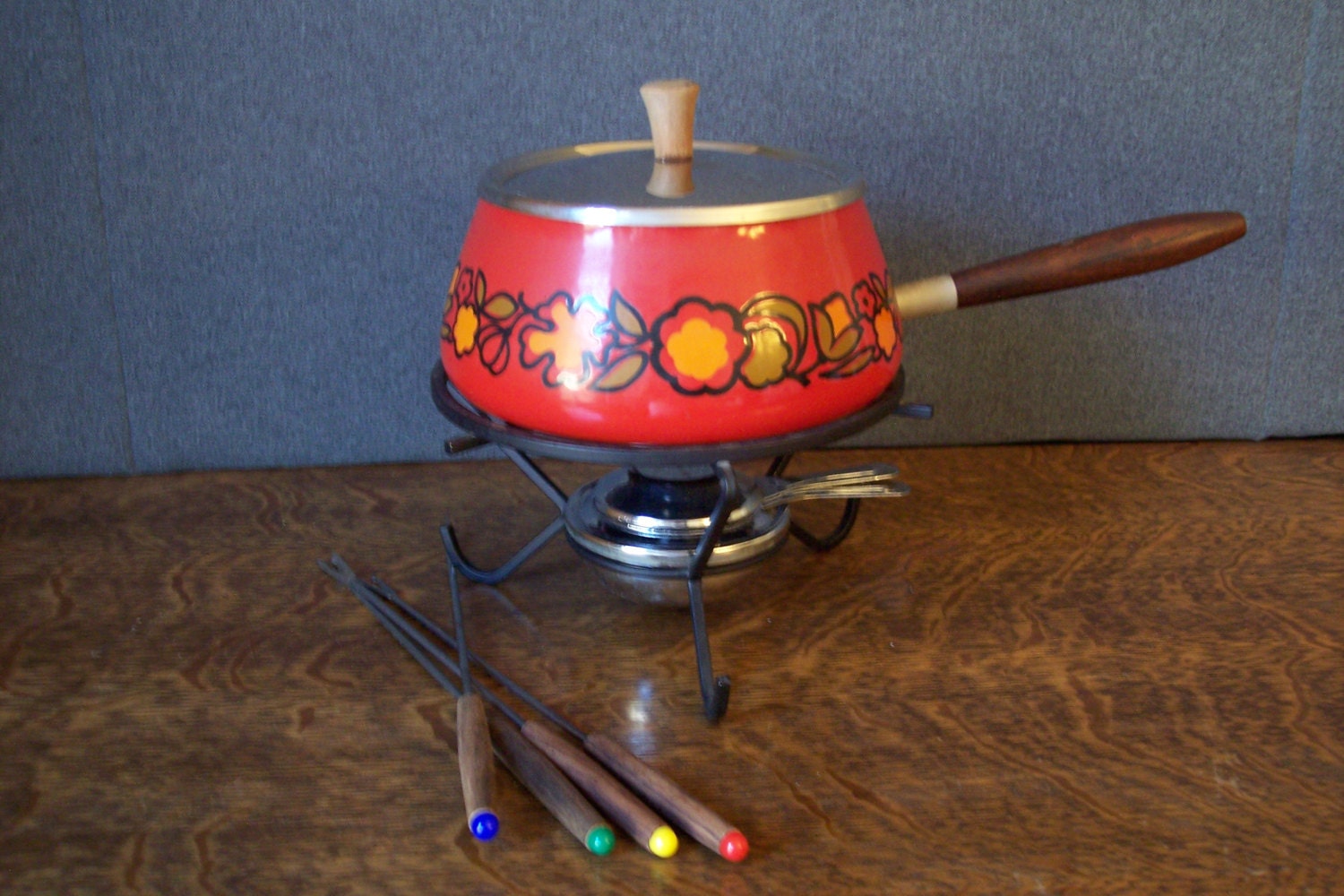 Vintage Fondue Set Orange Enamel with Mod by SherwoodVintage