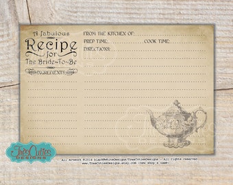 Bridal Shower Recipe Cards - Printable - Vintage Teapot - Tea Party
