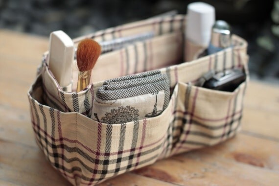 Purse Organizer Handbag Bag Organizer Handmade / Khaki Black Plaid / Large 25x10cm
