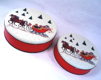 Cookie Tin Santa's Sleigh Fruit Cake Christmas by Potpourri Press Set of 2 Vintage 80s