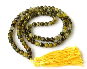 8mm Yellow Dragon Vein Agate 108 Rosary Prayer Beads Tibet Buddhist Mala Necklace  ZZ097