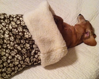 Small Dog Dachshund Brown with Tan/Ecru Pawprints Print Snuggle Sack / Sleeping Bag FREE SHIPPING within the US