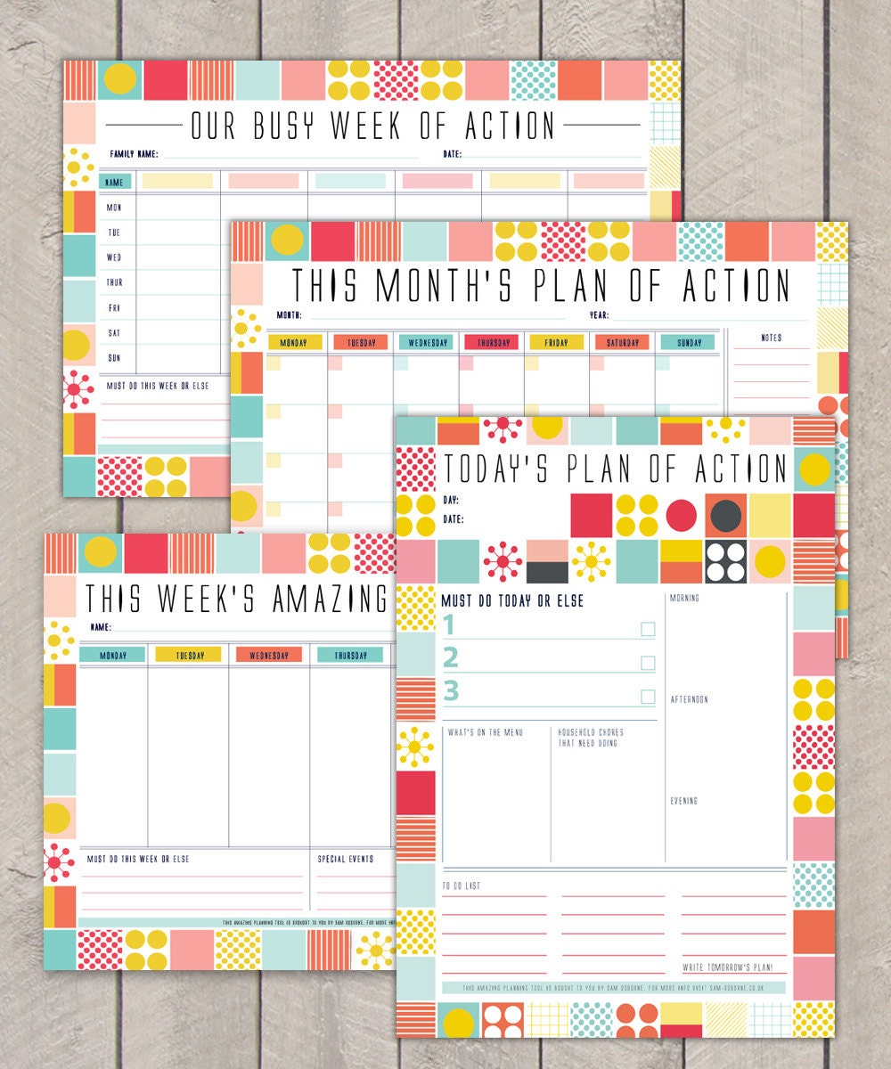 Printable Day Planner Family Organiser Mid Century Colourful