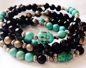 108 Full Mala, Buddhist Rosary, Tibet, Nepal, India, Prayer Beads, Prayer Mala - Onyx - Grief, Stress -Turquoise, Pyrite