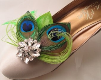 Peacock WEDDING Shoe Clips, Lime Green PEACOCK Shoe Clips, Bride Shoe Accessories, Lime Green Feather Shoe Clip Accessories, Wedding Shoes