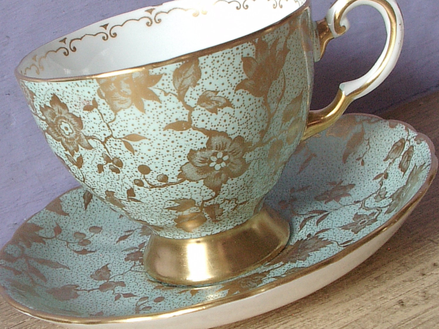 Antique Tuscan green tea cup and saucer, English tea cup, green and gold tea cup, bone china tea