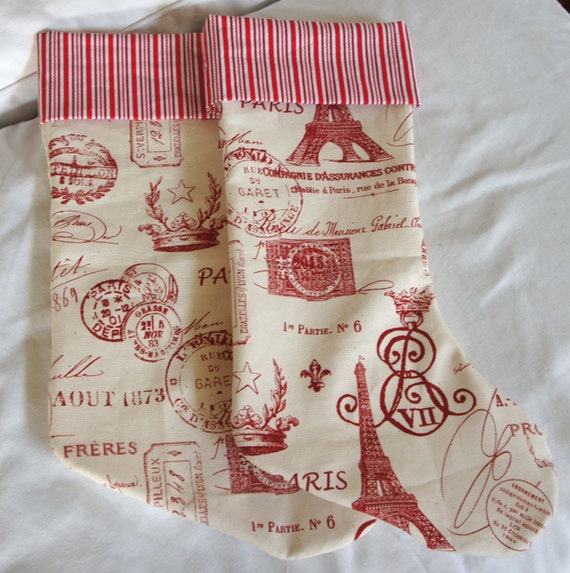 Christmas Stocking Pair ~ Red and White French Document Fabric