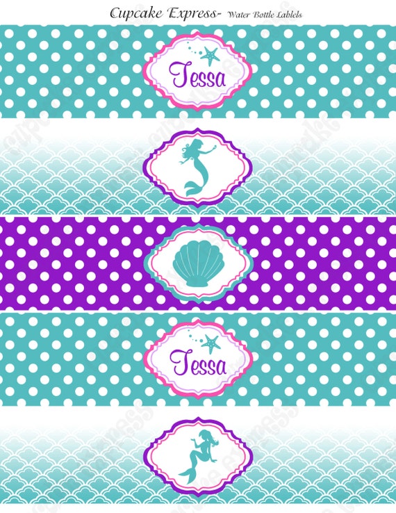 DIY  Ariel Inspired  little mermaid Birthday Party  PRINTABLE Water Bottle Labels  purple teal under the sea