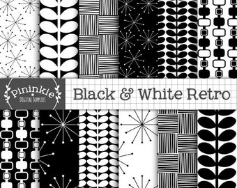 Black and White Retro Digital Paper, 50's Patterns, Digital Scrapbook Paper, Backgrounds, Instant Download, Commercial Use