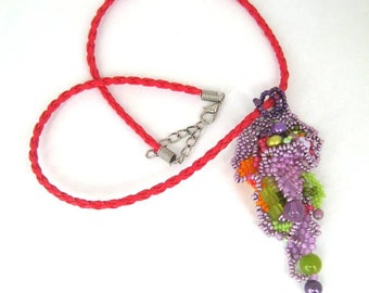 Boho necklace, Colorful pendant, Seed bead necklace, Freeform peyote necklace, Purple green orange gift for women