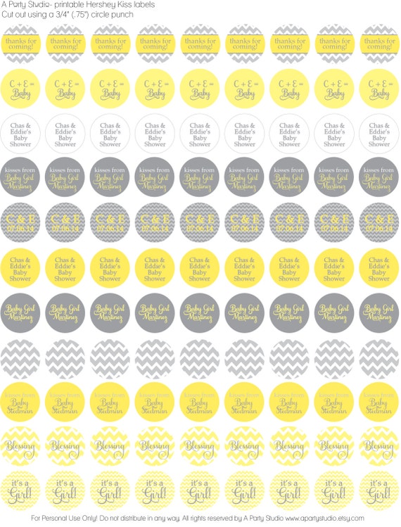 Chevron Baby Shower in Yellow and Grey- personalized Chocolate kiss stickers for Candy Buffet or Favors- print your own Il_570xn