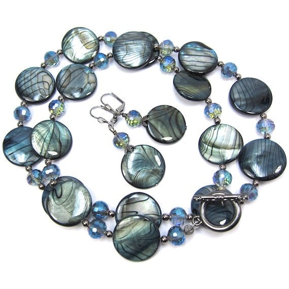 Blue Swirl Shell and Czech Crystal Necklace and Earring Set, Gunmetal