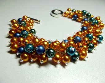 Orange Teal Blue Pearl Bracelet, Mom Sister Bridesmaid Jewelry Gift, Silver Bracelet, Christmas Gifts