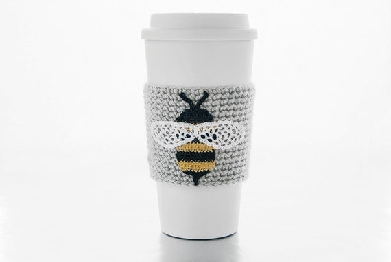 Busy Bumblebee, cup cozy, coffee sleeve, crochet bee applique, linen colored sleeve, black and yellow bee, white wings, beehive escapee