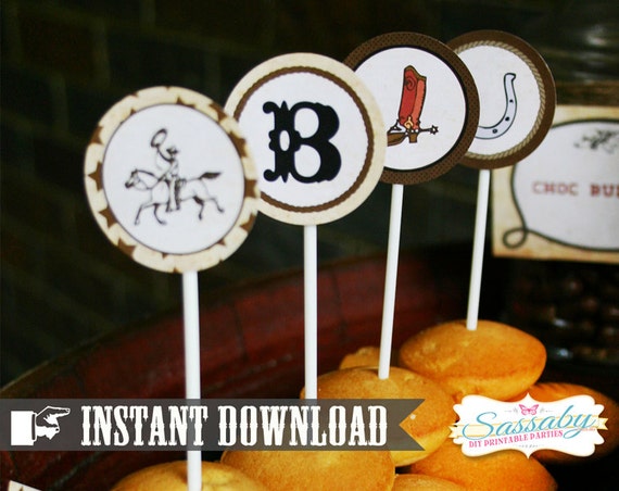 Wild West Cowboy Party Circles/Cupcake Toppers - INSTANT DOWNLOAD - Editable & Printable Birthday Party Decorations by Sassaby Il_570xn