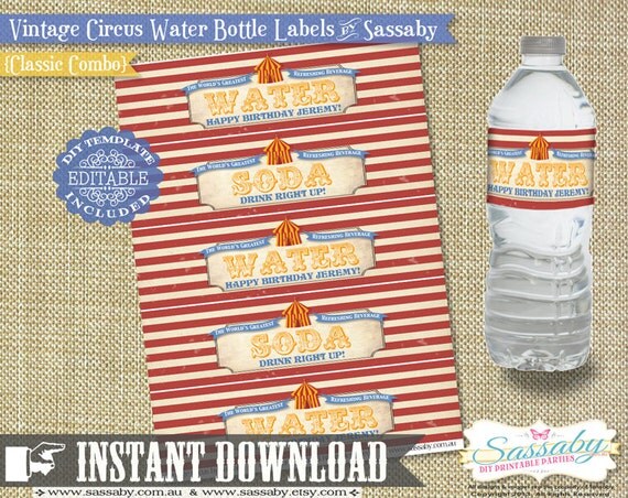 Vintage Circus Water Bottle Labels - INSTANT DOWNLOAD - Editable & Printable Birthday Party Decorations by Sassaby Il_570xn