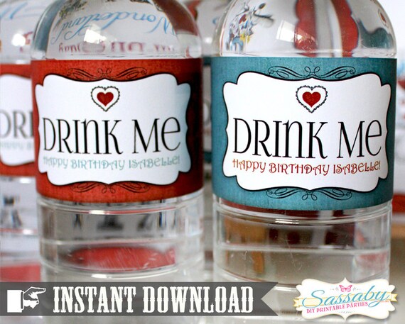 Alice in Wonderland Water Bottle Labels - INSTANT DOWNLOAD - Editable & Printable Party Decorations by Sassaby Il_570xn